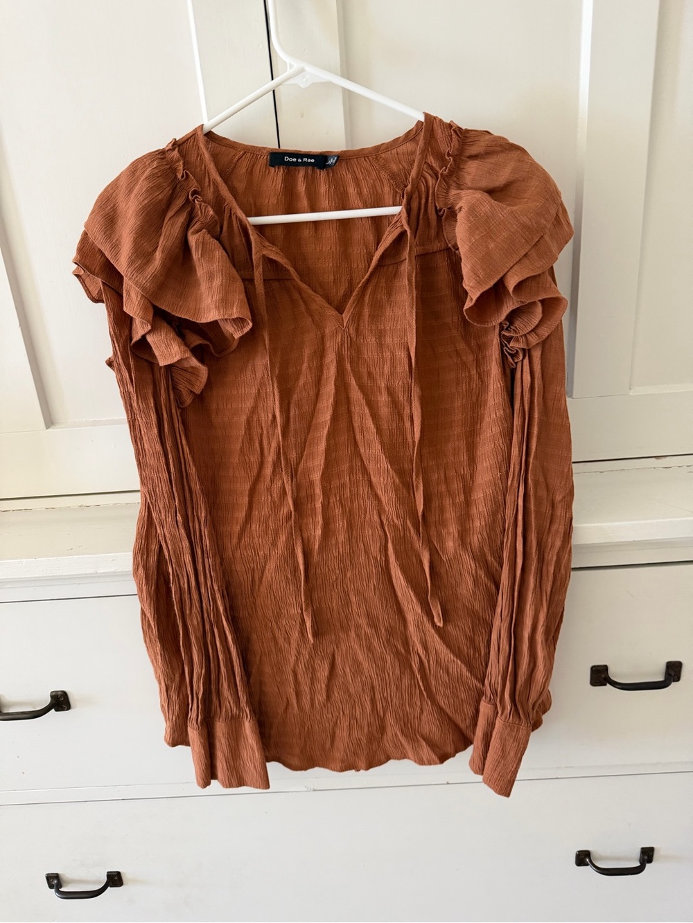 Doe & Rae Copper Rust Ruffle-Sleeve Tie-Front Blouse